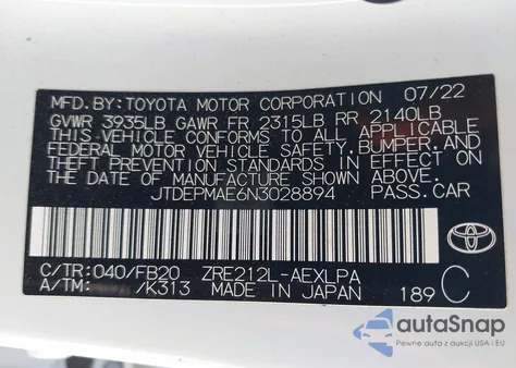 2022 Toyota Corolla Le из США, поврежденный, VIN JTDEPMAE6N3028894